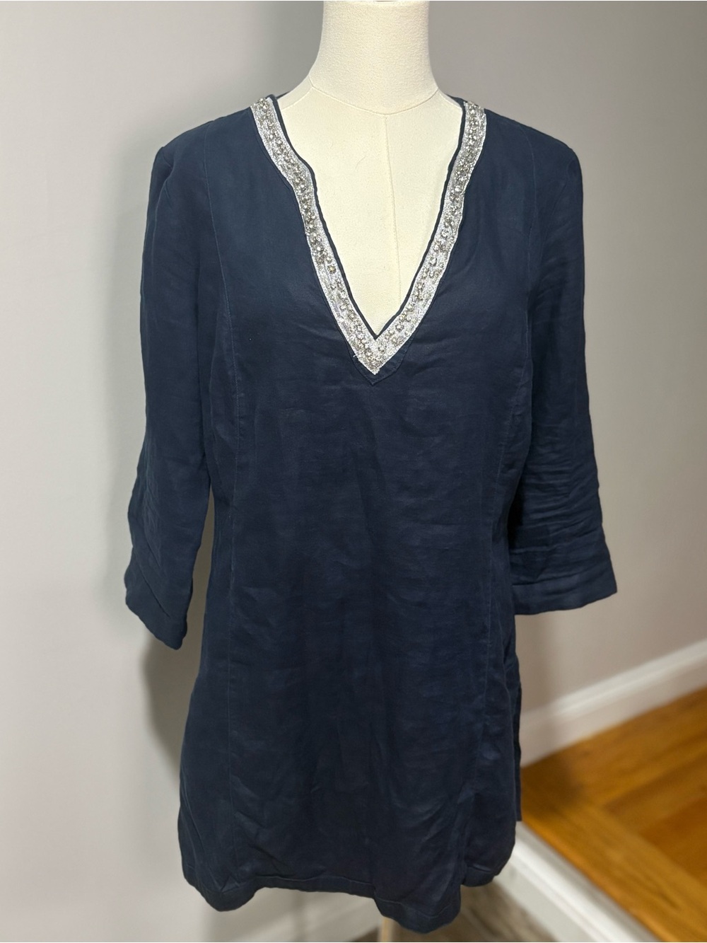 Malvin I Love Linen 100% Linen Tunic Navy Embellished V Neck 3/4 Sleeve Womens L